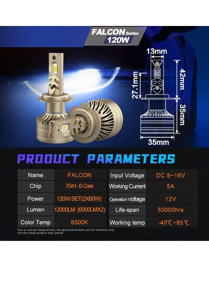 DXB-C FALCON 880/881 LED Car Headlight Bulbs, 120W 12000LM 300% Extremely Bright Light, 6500K Cool White LED Bulb for Low Beam and High Beam Headlights, Plug and Play, IP68 - Pack of 2 - Image 3