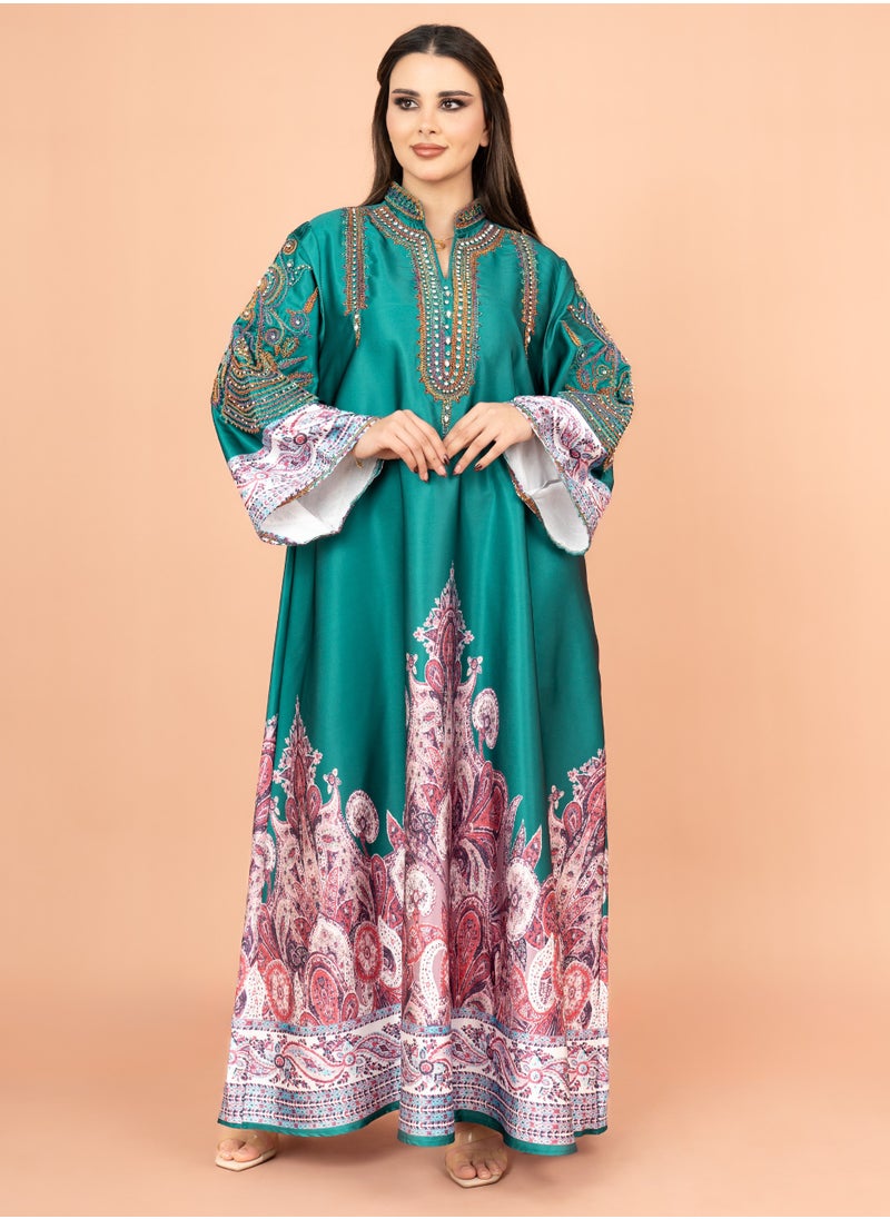 IKKXA Gleaming Crystal and Print Jalabiya IK1016 Turquoise  - Image 1