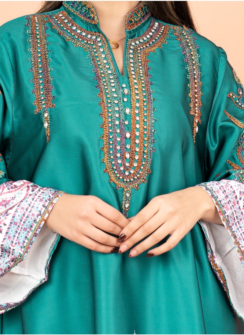 IKKXA Gleaming Crystal and Print Jalabiya IK1016 Turquoise  - Image 2