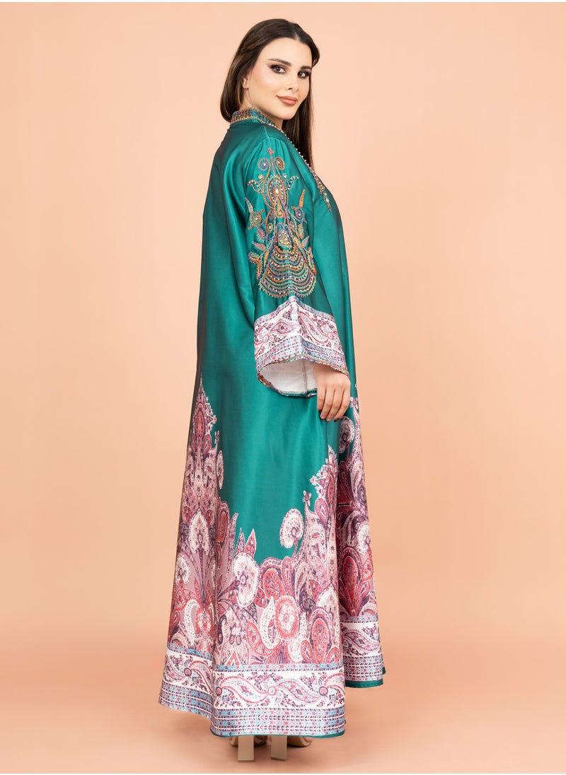 IKKXA Gleaming Crystal and Print Jalabiya IK1016 Turquoise  - Image 3