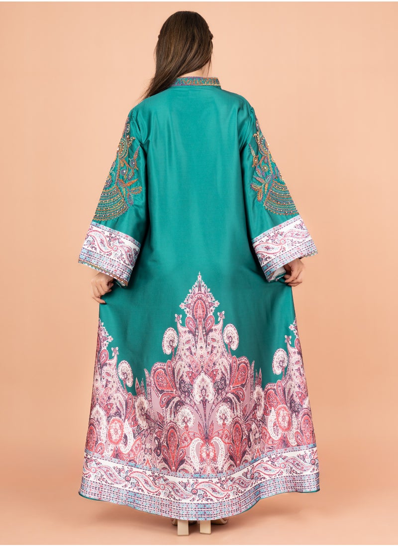 IKKXA Gleaming Crystal and Print Jalabiya IK1016 Turquoise  - Image 4
