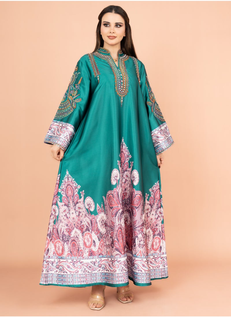 IKKXA Gleaming Crystal and Print Jalabiya IK1016 Turquoise  - Image 5