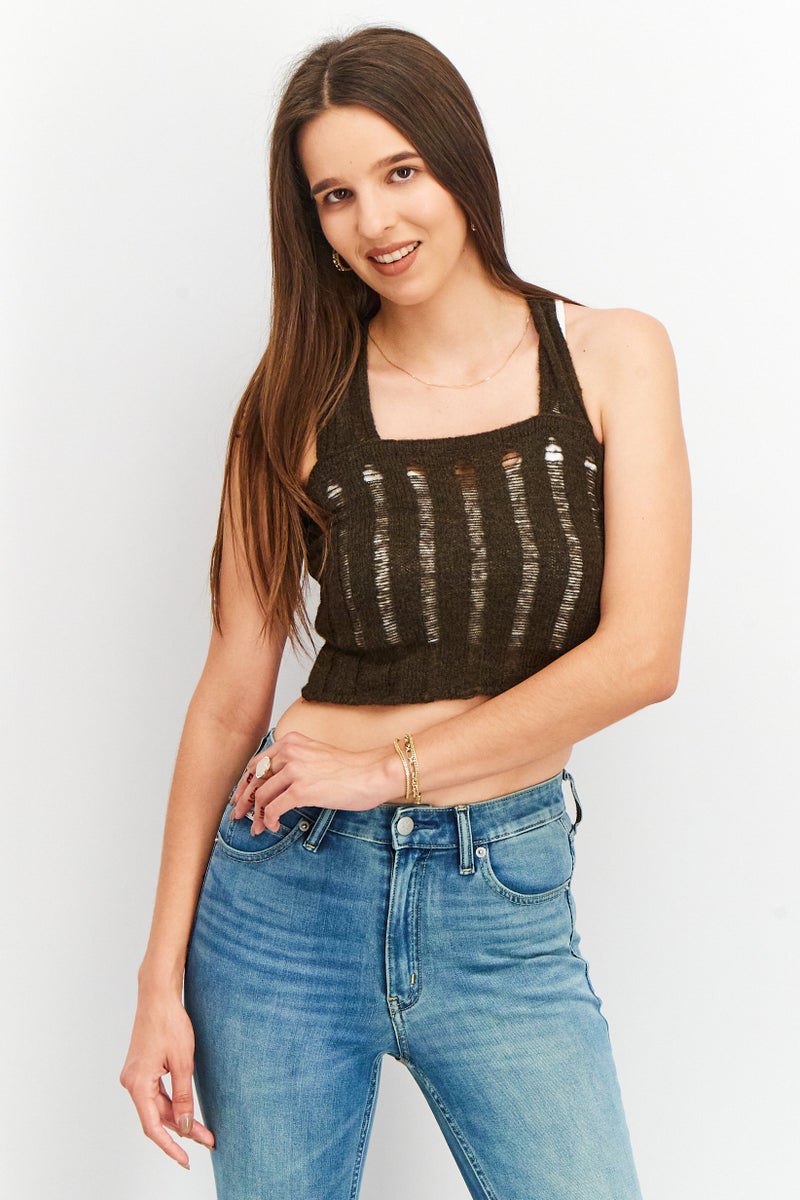 NA-KD Women Square Neck Sleeveless Cropped Top, Dark Brown - Image 1