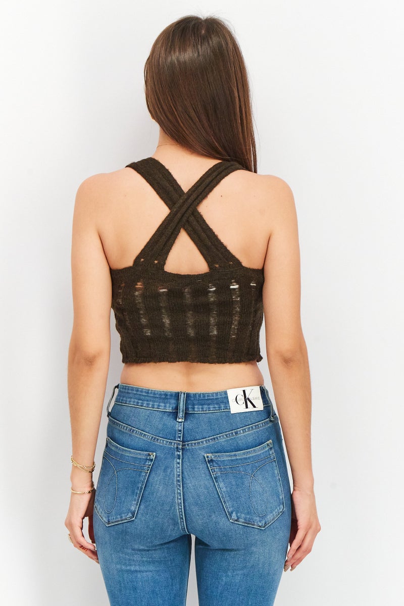 NA-KD Women Square Neck Sleeveless Cropped Top, Dark Brown - Image 3