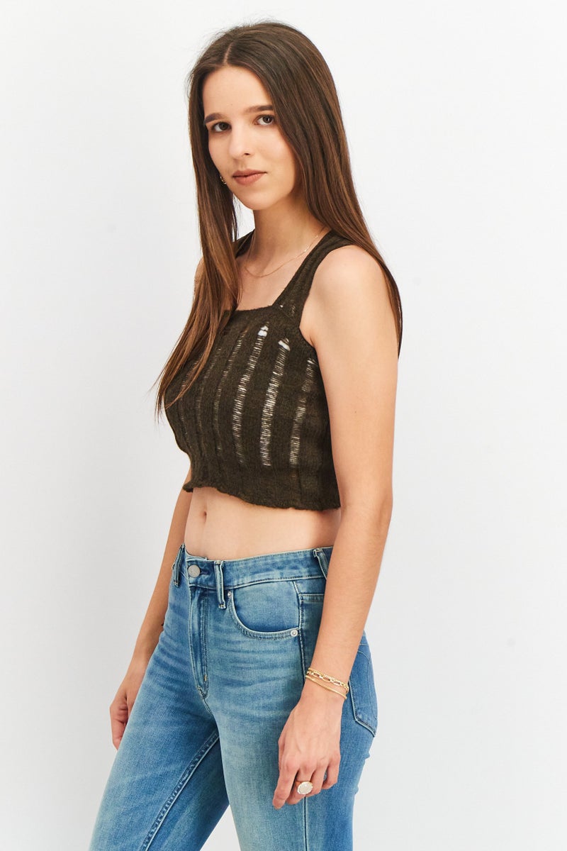 NA-KD Women Square Neck Sleeveless Cropped Top, Dark Brown - Image 4