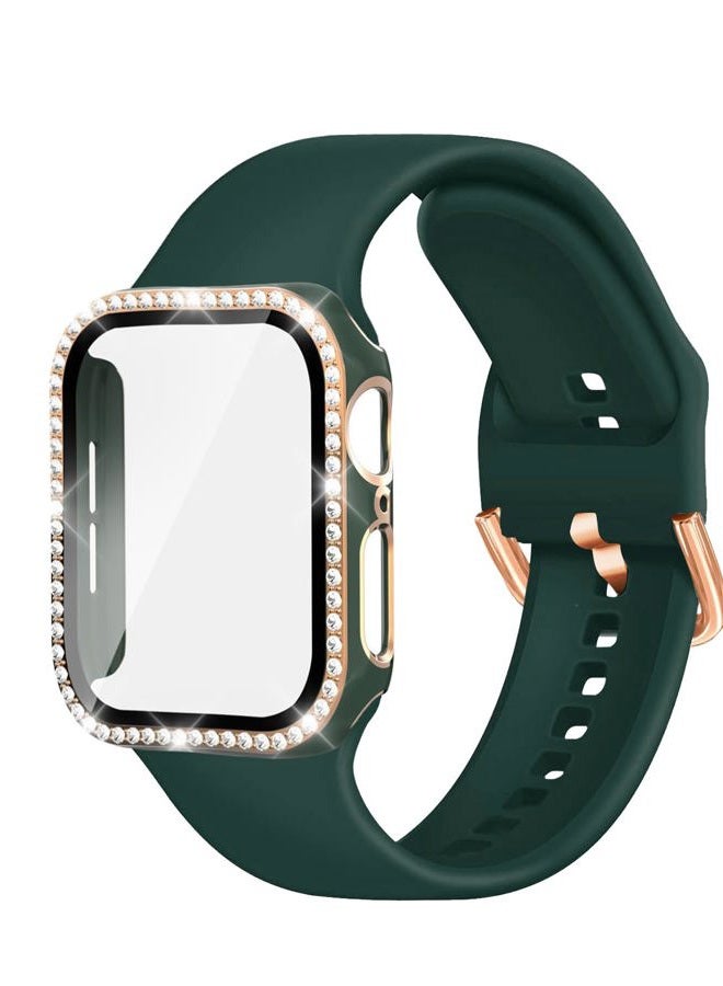 BandSmith Compatible with Apple Watch Band and Case 38mm 40mm 41mm 42mm 44mm 45mm Women, Soft Silicone Bands and Bling Diamond Case & Glass Screen Protector for iWatch Series 9 8 7 6 5 4 3 2 1 and SE (Green, - Image 1