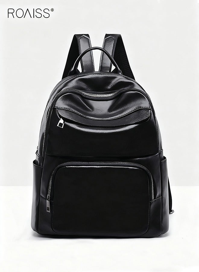 رويس حقيبة ظهر نسائية أنيقة من جلد البولي يوريثان، حقيبة طلابية متعددة الطبقات، حقيبة ظهر ناعمة للسفر، لون أسود - Image 2