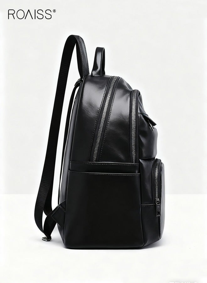 رويس حقيبة ظهر نسائية أنيقة من جلد البولي يوريثان، حقيبة طلابية متعددة الطبقات، حقيبة ظهر ناعمة للسفر، لون أسود - Image 3
