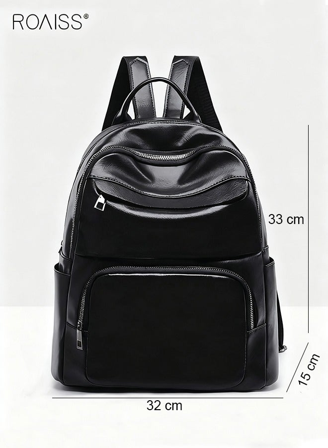 رويس حقيبة ظهر نسائية أنيقة من جلد البولي يوريثان، حقيبة طلابية متعددة الطبقات، حقيبة ظهر ناعمة للسفر، لون أسود - Image 4