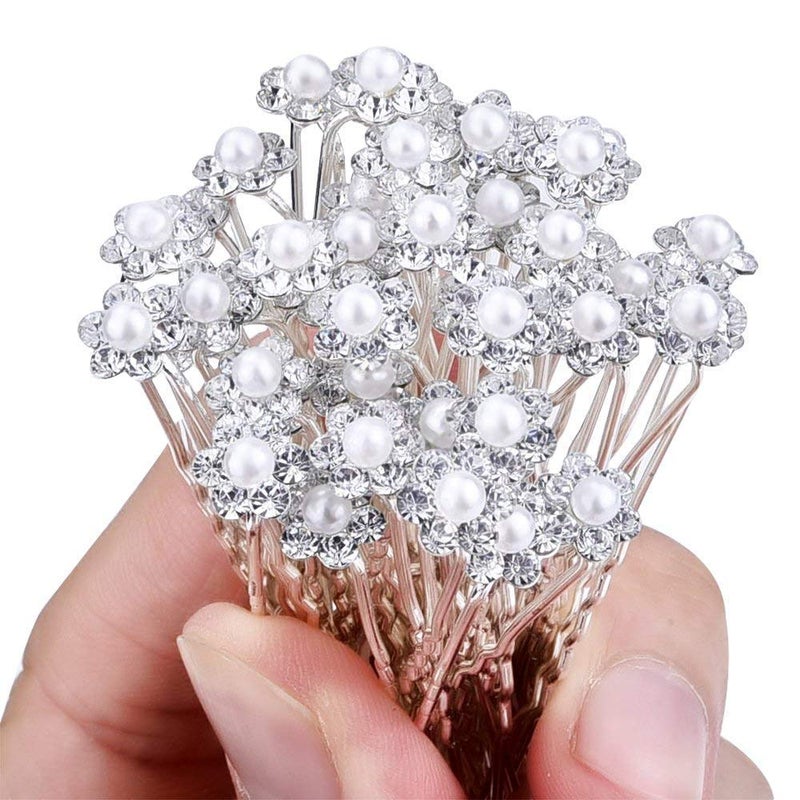 40 Pcs Hair Clips Faux White Pearl Rhinestone Crystal Flower Hair Pins Clips U Pins Wedding Hair Pins Jewelry Accessories for Women and Girls