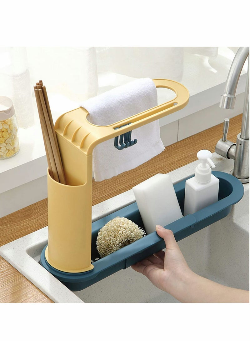 Y&D Telescopic Sink Storage Rack Adjustable Length 3-in-1 Organizer Tray Holder Sponge Soap with Dishcloth Hanger Chopstick Expandable Drain Basket for Home Kitchen  - Image 1