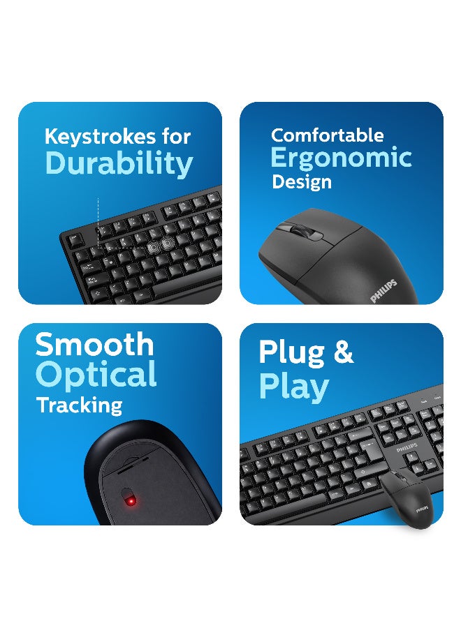 Philips Wireless Keyboard and Mouse Combo with Arabic/English QWERTY Layout, 2.4GHz Lag-Free Connectivity, 1200 DPI Optical Sensor, Intelligent Power Saving, Ergonomic Design for Home & Office - black - Image 2