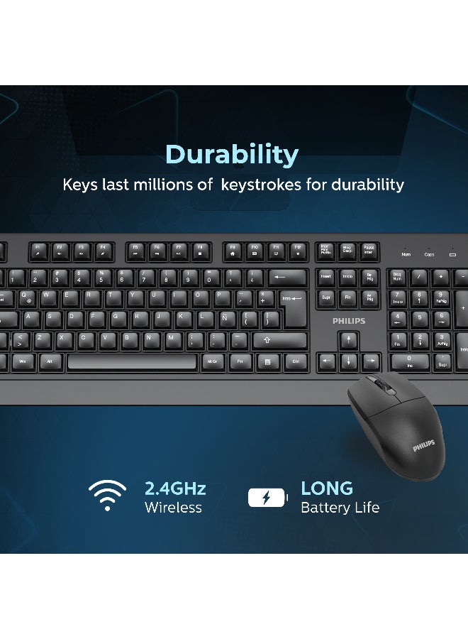 Philips Wireless Keyboard and Mouse Combo with Arabic/English QWERTY Layout, 2.4GHz Lag-Free Connectivity, 1200 DPI Optical Sensor, Intelligent Power Saving, Ergonomic Design for Home & Office - black - Image 3
