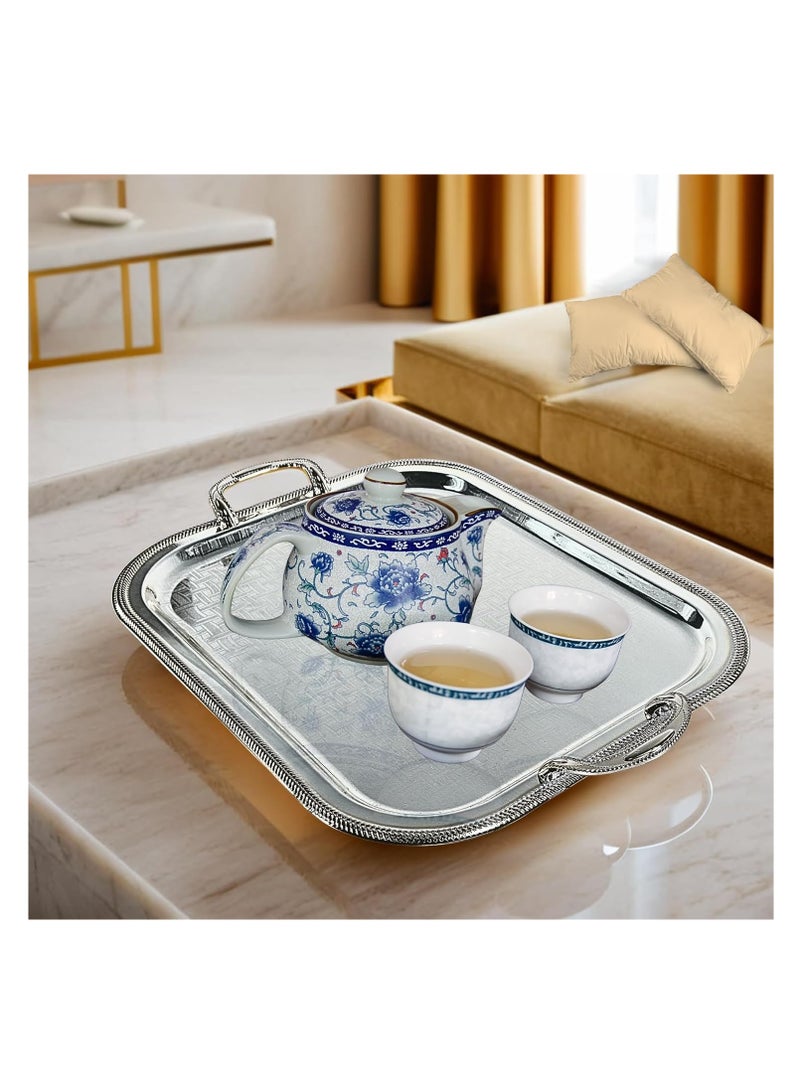 دبيلو تي- إيزي كير صينية تقديم فضية مطلية بالكروم مع مقابض - صينية فولاذية مستطيلة الشكل بلمسة نهائية عاكسة، متعددة الاستخدامات للبوفيه، وغرفة الطعام، وغرفة المعيشة، وديكور غرفة النوم، والهدايا، 47 × 37.5 سم (طول × عرض) - Image 1