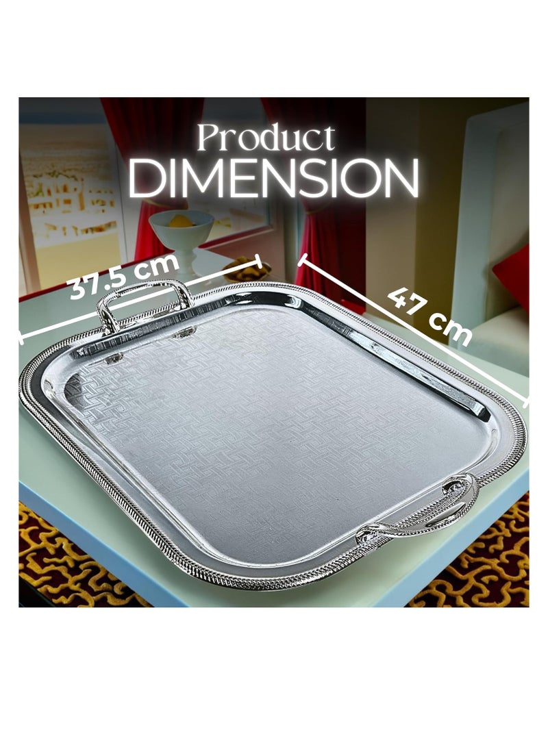 دبيلو تي- إيزي كير صينية تقديم فضية مطلية بالكروم مع مقابض - صينية فولاذية مستطيلة الشكل بلمسة نهائية عاكسة، متعددة الاستخدامات للبوفيه، وغرفة الطعام، وغرفة المعيشة، وديكور غرفة النوم، والهدايا، 47 × 37.5 سم (طول × عرض) - Image 2