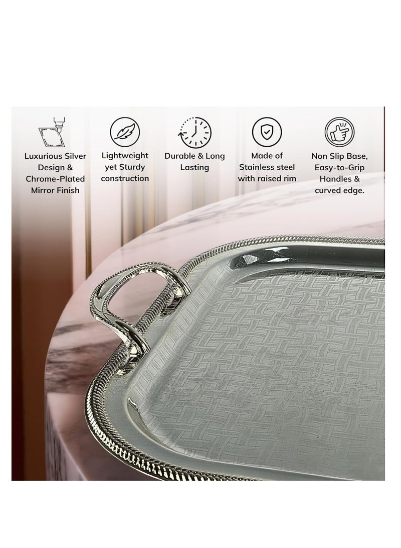 دبيلو تي- إيزي كير صينية تقديم فضية مطلية بالكروم مع مقابض - صينية فولاذية مستطيلة الشكل بلمسة نهائية عاكسة، متعددة الاستخدامات للبوفيه، وغرفة الطعام، وغرفة المعيشة، وديكور غرفة النوم، والهدايا، 47 × 37.5 سم (طول × عرض) - Image 3