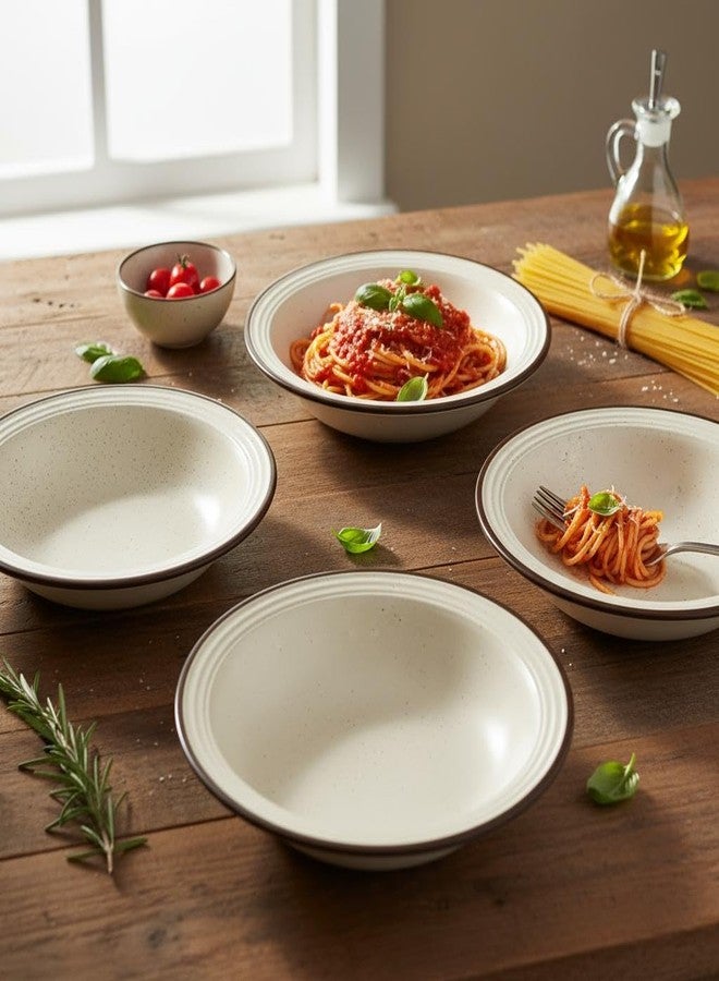 Beyond Homes Ceramic Pasta Plates Shallow, 18cm, Set of 4, White Brown | Matte Finish Ceramic Pasta Bowl | Flat Stoneware Pasta and Maggie Bowl | Chip-Resistant | Microwave Safe; (4, White Brown Rim) - Image 3