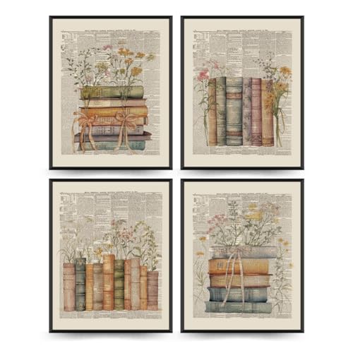 PLKMN Book Poster Vintage Wall Decor, Library Bookish Club Gifts, Book Room Decor Aesthetic 4 Pcs, Bookish Posters for Women Girls, Floral Wildflower Wall Art Decor for Home Bedroom Party Classroom 8x10 Unframed - Image 1