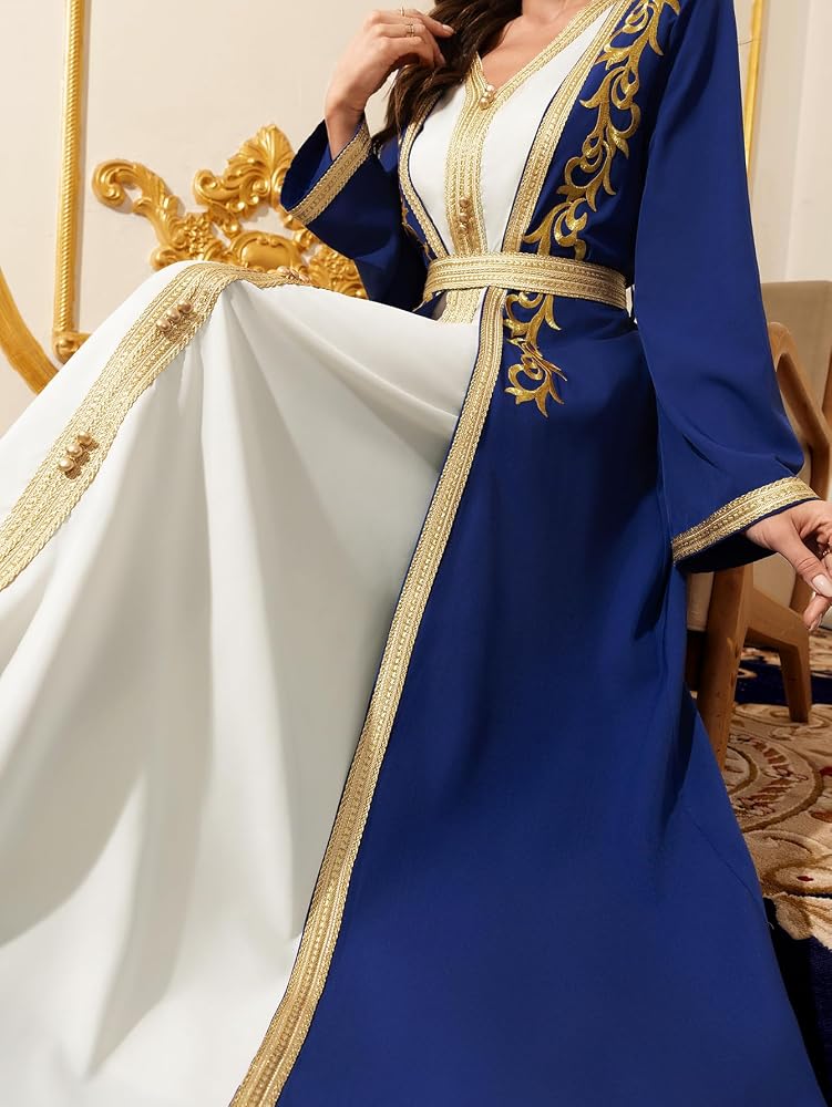 Abaowedding روبة مسلمة بلون أزرق ملكي أنيقة، مزينة بتطريزات ذهبية، فستان طويل الأكمام - Image 5