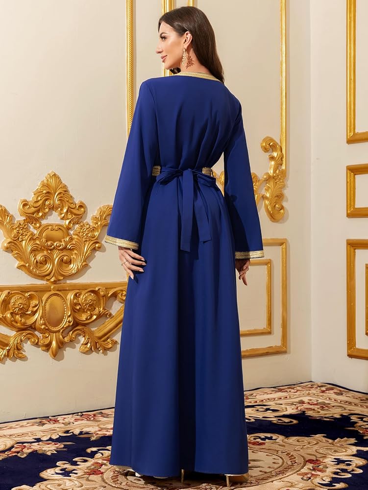 Abaowedding روبة مسلمة بلون أزرق ملكي أنيقة، مزينة بتطريزات ذهبية، فستان طويل الأكمام - Image 4