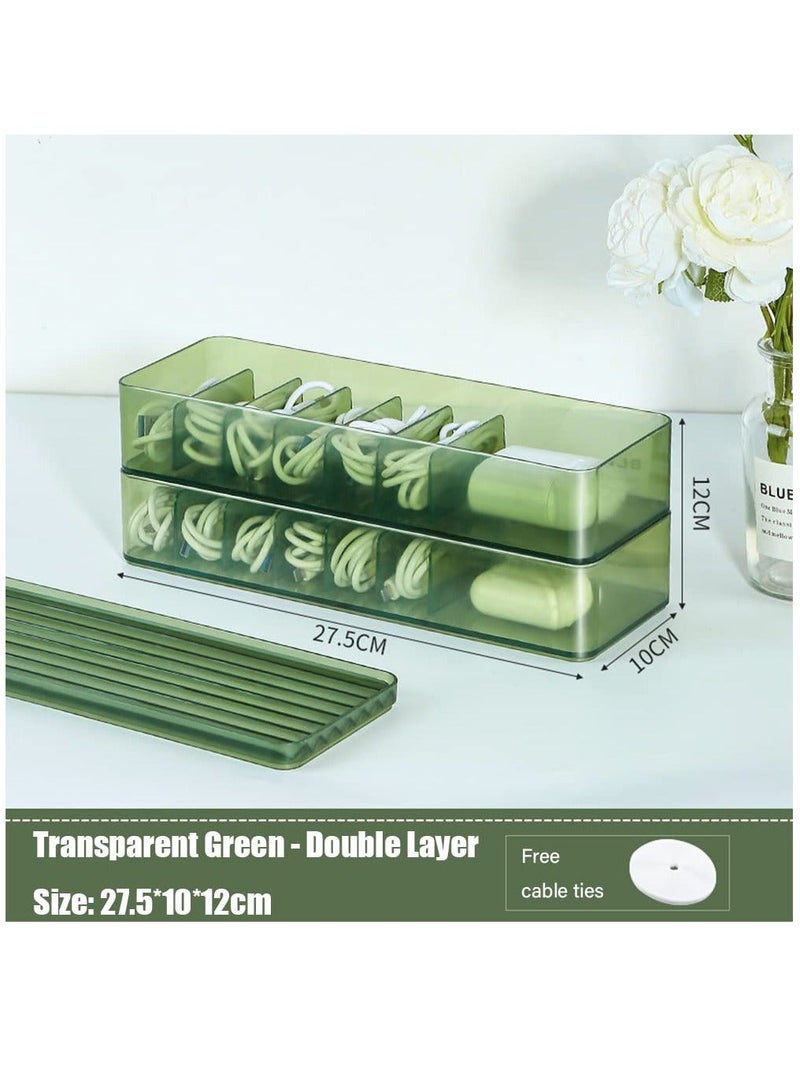 Double Layer Cable Tidy Box with Lid, 7 Grids Cable Organizer Box, Large Wire Storage Box for Cables, Charger Plug, Power Strips, Transparent Cable Management Box, Free 3M Cable Ties Roll - Image 2