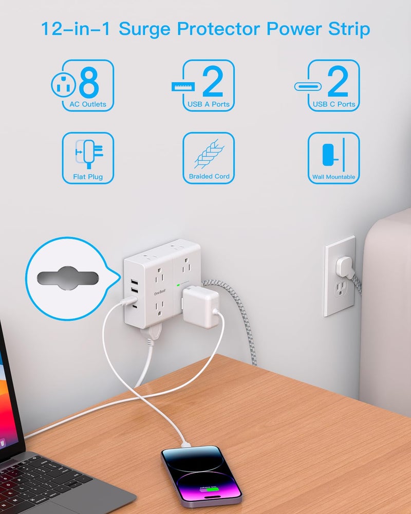 One Beat Surge Protector Power Strip 15 Ft Cord, Ultra Thin Flat Extension Cord with 8 Outlets 4 USB Ports(2 USB C), Flat Plug Power Strip, 15 Ft Long Braided Power Cord for Home, Office, Dorm Room Essentials - Image 5