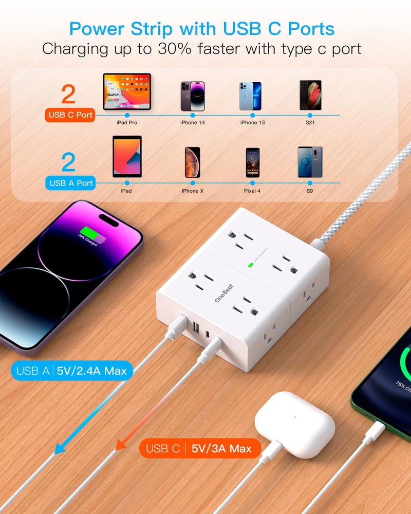 One Beat Surge Protector Power Strip 15 Ft Cord, Ultra Thin Flat Extension Cord with 8 Outlets 4 USB Ports(2 USB C), Flat Plug Power Strip, 15 Ft Long Braided Power Cord for Home, Office, Dorm Room Essentials - Image 3