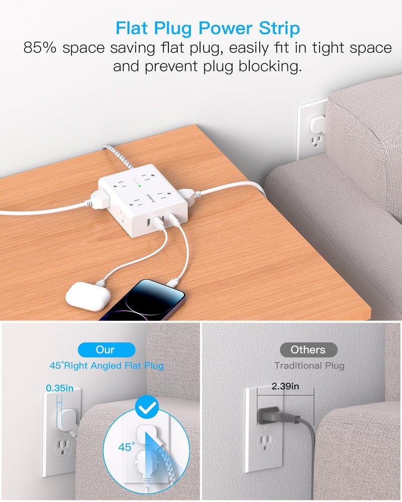 One Beat Surge Protector Power Strip 15 Ft Cord, Ultra Thin Flat Extension Cord with 8 Outlets 4 USB Ports(2 USB C), Flat Plug Power Strip, 15 Ft Long Braided Power Cord for Home, Office, Dorm Room Essentials - Image 4