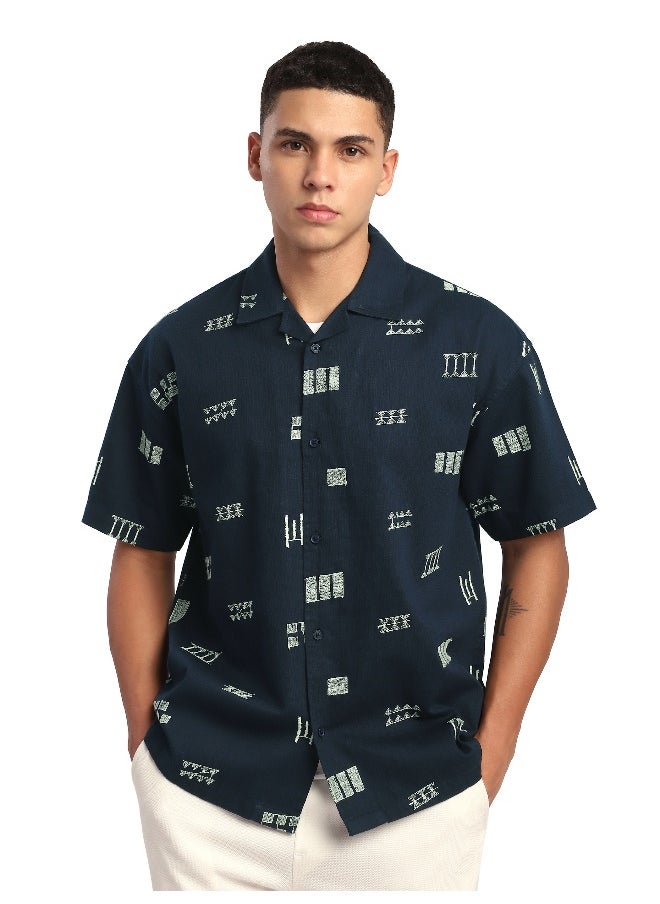 Beyoung Navy Blue Geometric Embroidered Half Sleeve Shirt  - Image 5