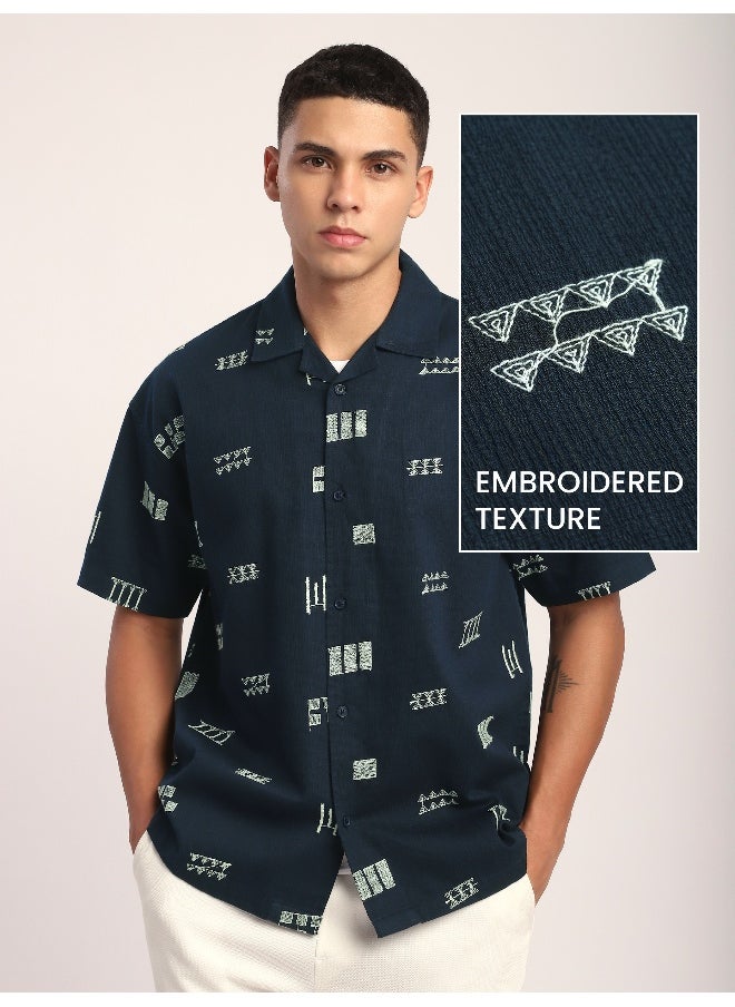 Beyoung Navy Blue Geometric Embroidered Half Sleeve Shirt  - Image 2