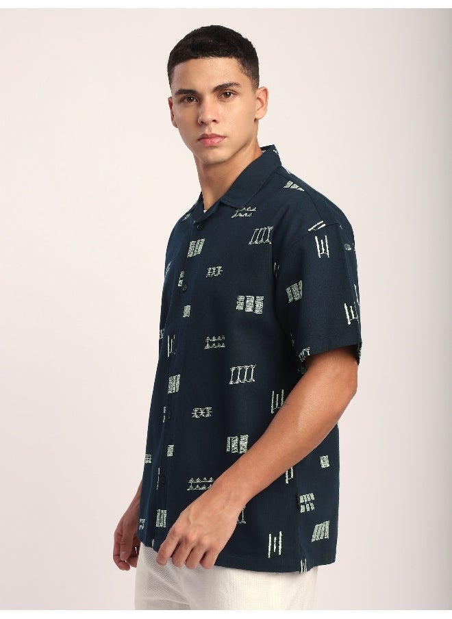 Beyoung Navy Blue Geometric Embroidered Half Sleeve Shirt  - Image 3