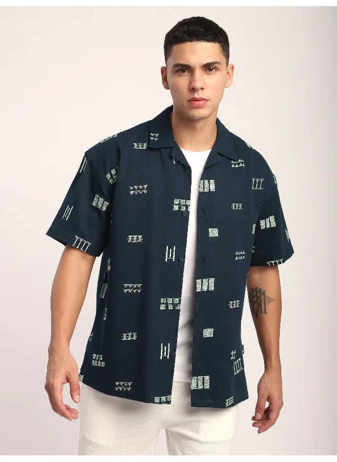 Beyoung Navy Blue Geometric Embroidered Half Sleeve Shirt