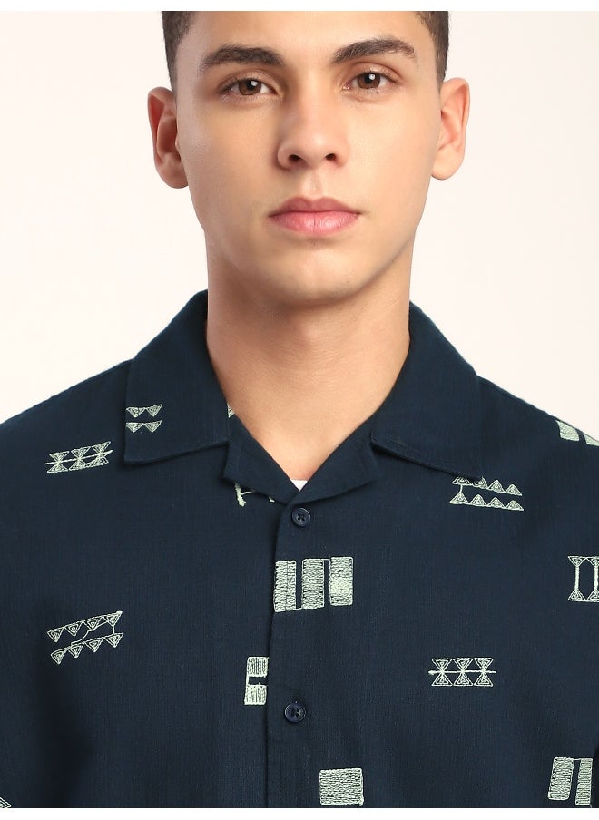 Beyoung Navy Blue Geometric Embroidered Half Sleeve Shirt  - Image 4