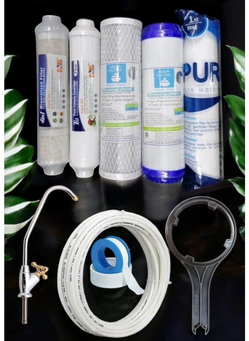 5 شمعات تيوانى لفلتر 5 مراحل + مفتاح فلتر سول ووتر + حنفية فلتر 5 مراحل ذهبى قلب نحاس + 5 متر خرطوم + بكرة تفلون