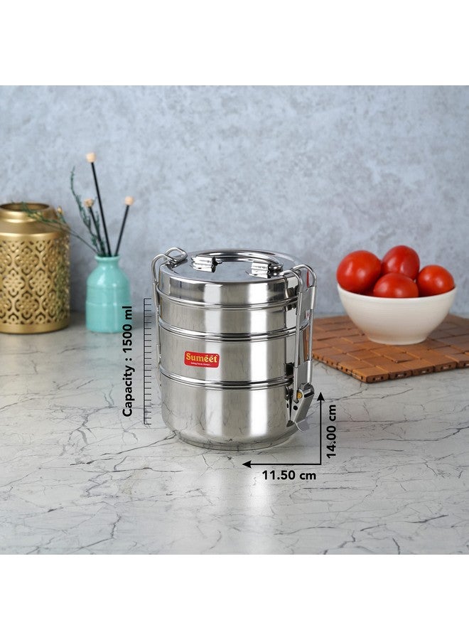 Sumeet Sumeet Stainless Steel 3 Compartment Lunch Box/Tiffin with Lid and Handle, 11.5Cm Dia, (1500ML, Silver)  - Image 4