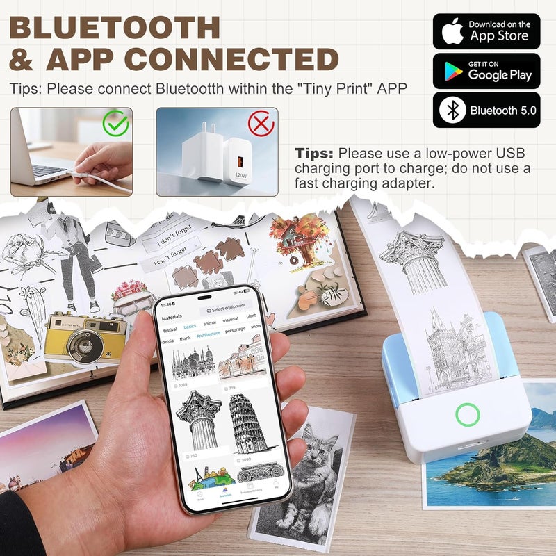 cudinham Print Pods Mini Printer, Thermal Inkless Sticker Maker with 10 Rolls Printing Paper, Pocket Printpod for phone, Impresora Portátil for Notes, Flashcards, Journal, DIY, Compatible with iOS & Android - Image 2