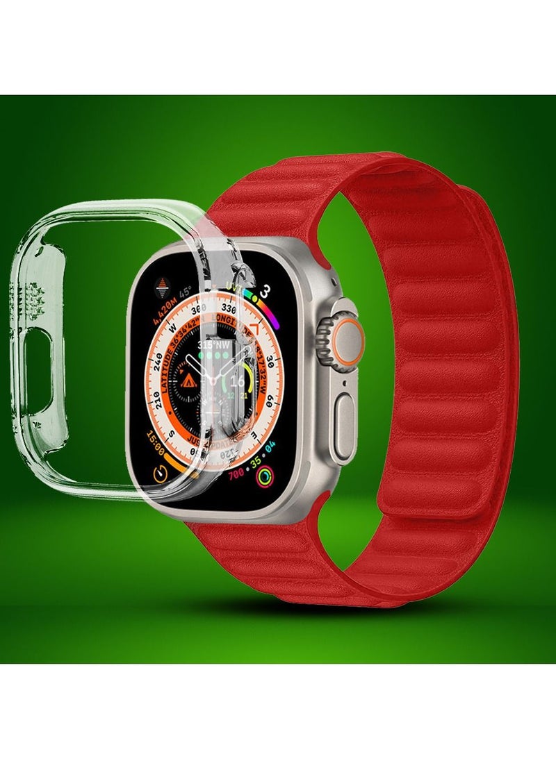 CATANES - 2 Packs For Apple Watch Band 49mm Leather Link Strap Magnetic Loop Bracelet and Clear Cup Holder Red - Image 1