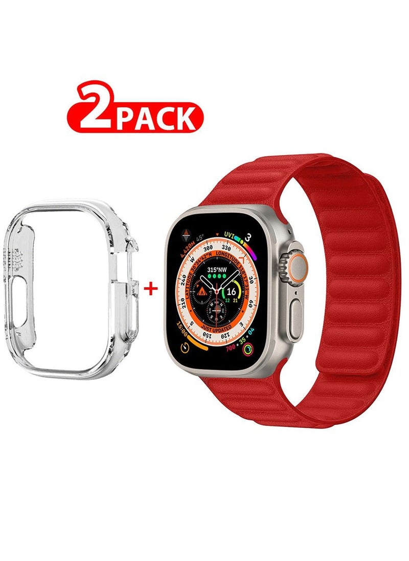CATANES - 2 Packs For Apple Watch Band 49mm Leather Link Strap Magnetic Loop Bracelet and Clear Cup Holder Red - Image 1