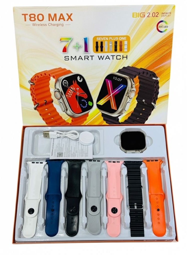 بيغ ساعة ذكية T80 MAX، تصميم أنيق 49 مم، متتبع اللياقة البدنية، مكالمات وشحن لاسلكي، متوافقة مع متجر IOS وAndroid، للرجال والنساء، 7 أحزمة