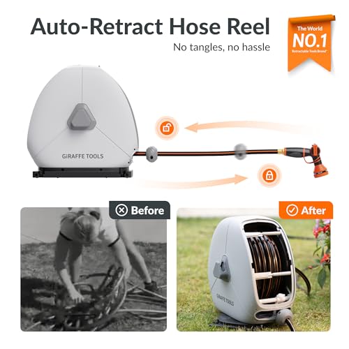 Giraffe Tools Retractable Heavy Duty Hose Reel, 1/2" x 82FT Automatic Rewind Garden Hose Reel with 360° Swivel Base, Ground Mounted for Lawn, Patio, Concrete Floor & Yard Watering - Image 2