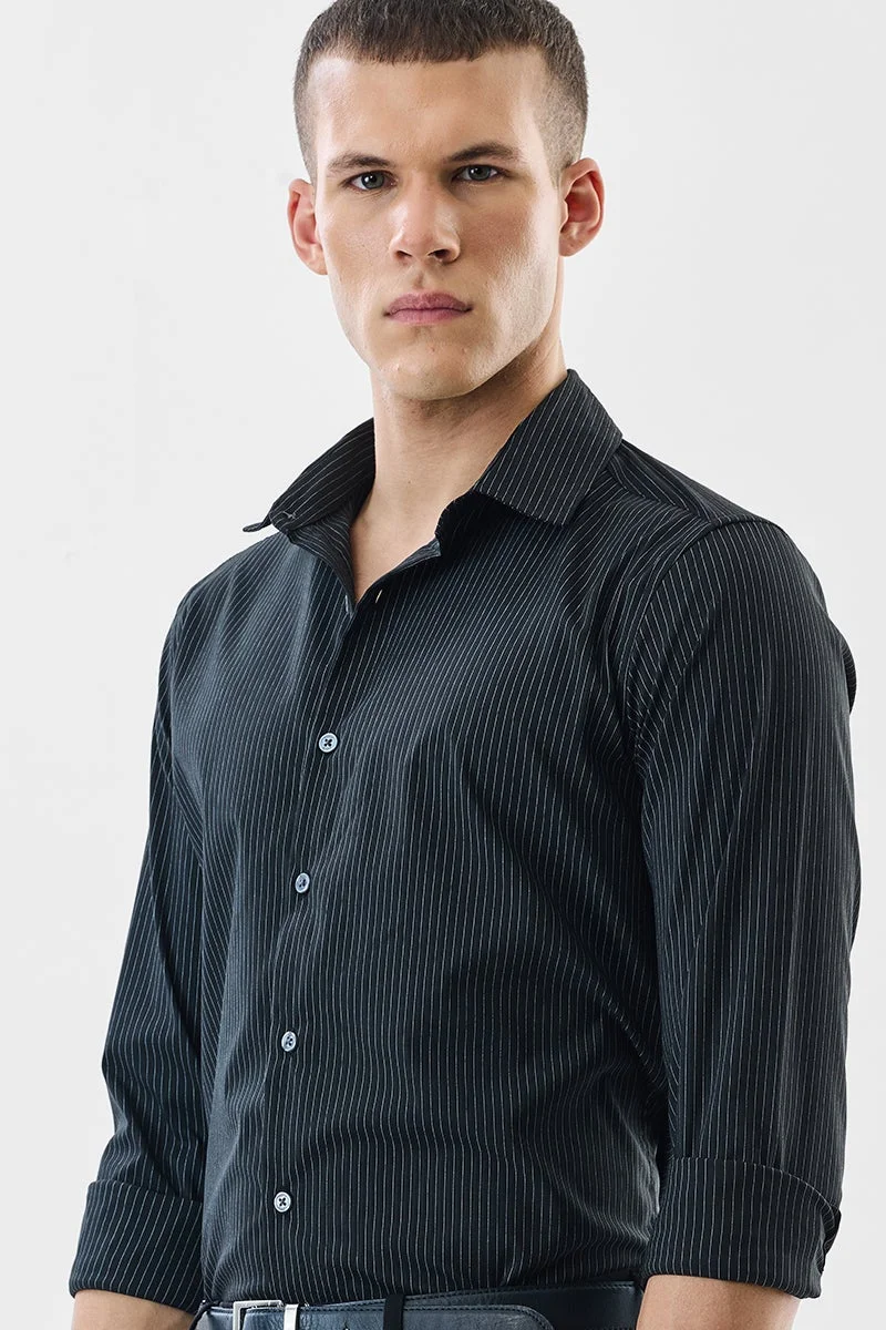 سنيتش Black Striped Long Sleeve Slim Fit Formal Luxe Shirt