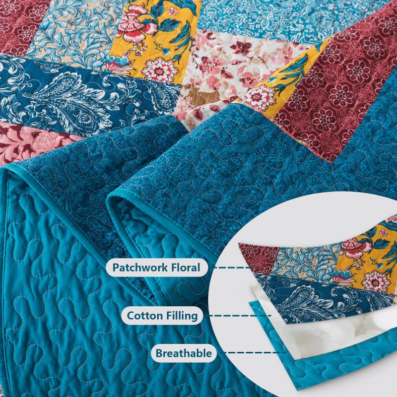 BEDIFANY Cotton California King Quilt Set - Farmhouse Bedspread with Vibrant Floral Pattern, 3-Piece Lightweight Oversized King Size Coverlet (108x118 Inch), All Seasons Multicolor Quilt Bedding Set - Image 4