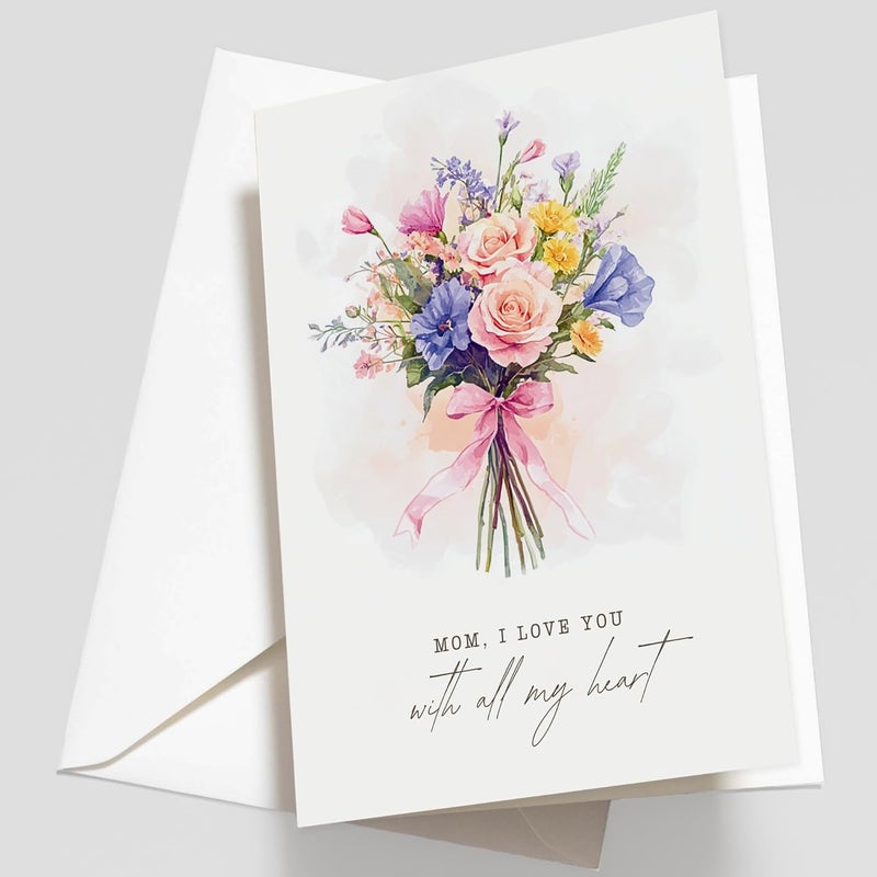 Paper Play Watercolor Flower Bouquet Mother's Day Card - Mixed Floral Design Happy Mother's Day Card for Mom, 5"x7" Foldable - Image 1