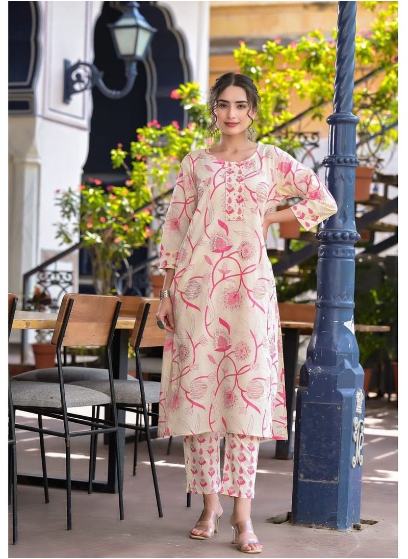 PRIYA’S PANACHE - PRIYA'S PANACHE Floral Print Cotton Straight Kurta with Pant & Dupatta Set - Image 1