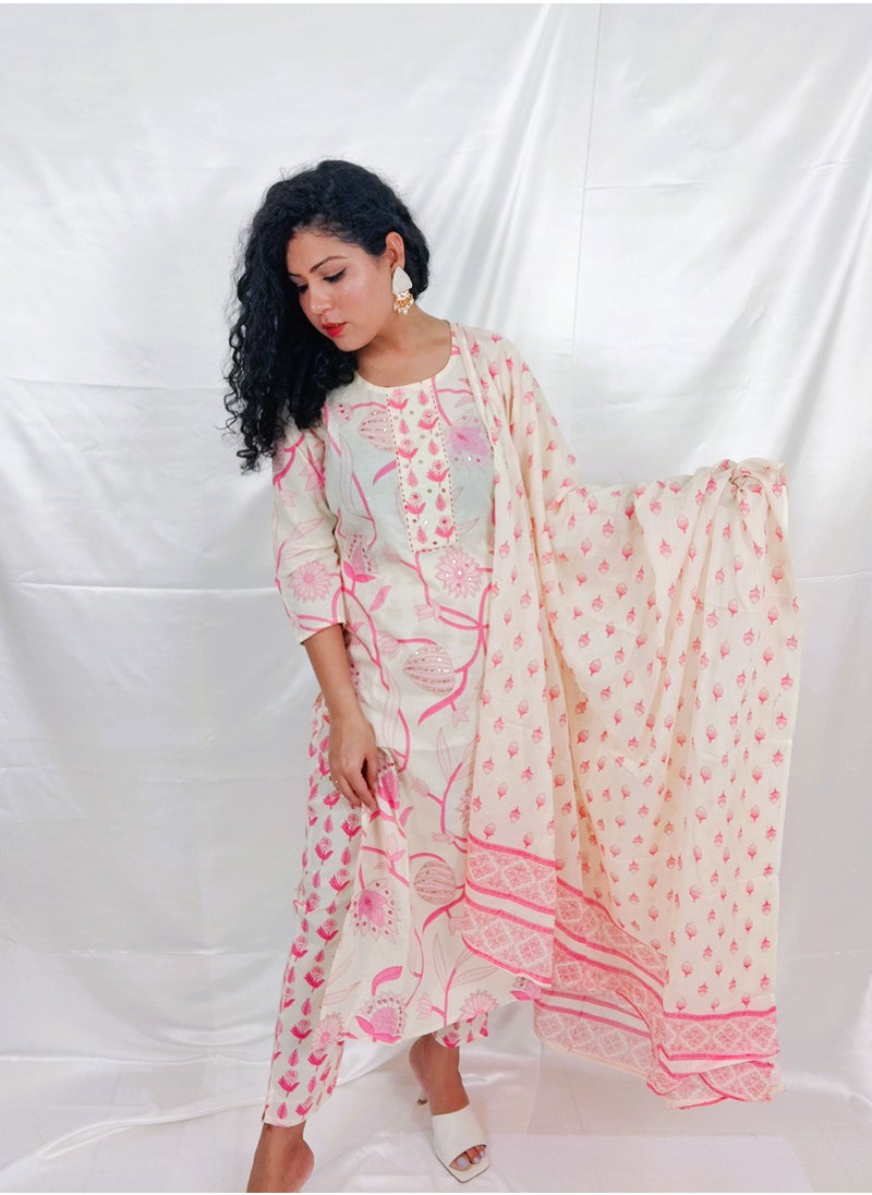 PRIYA’S PANACHE - PRIYA'S PANACHE Floral Print Cotton Straight Kurta with Pant & Dupatta Set - Image 1