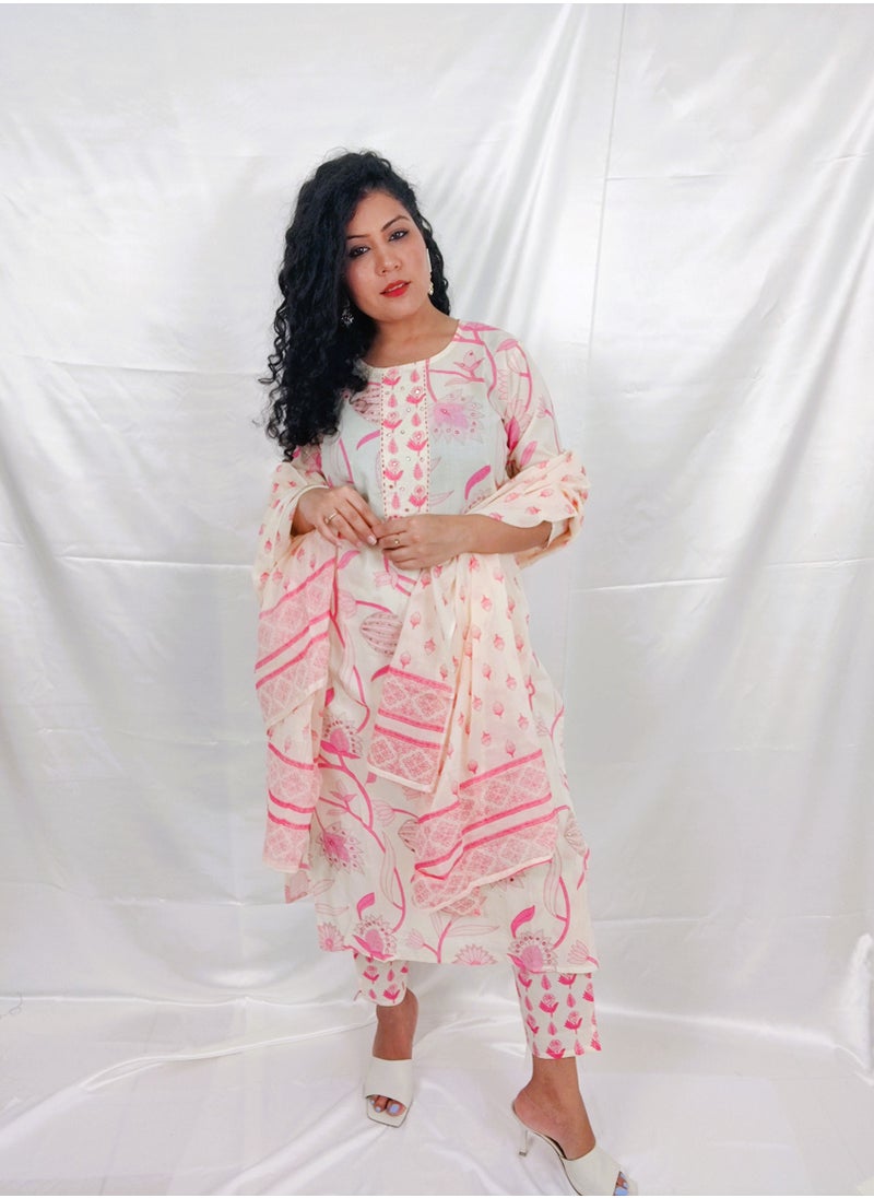 PRIYA’S PANACHE - PRIYA'S PANACHE Floral Print Cotton Straight Kurta with Pant & Dupatta Set - Image 1