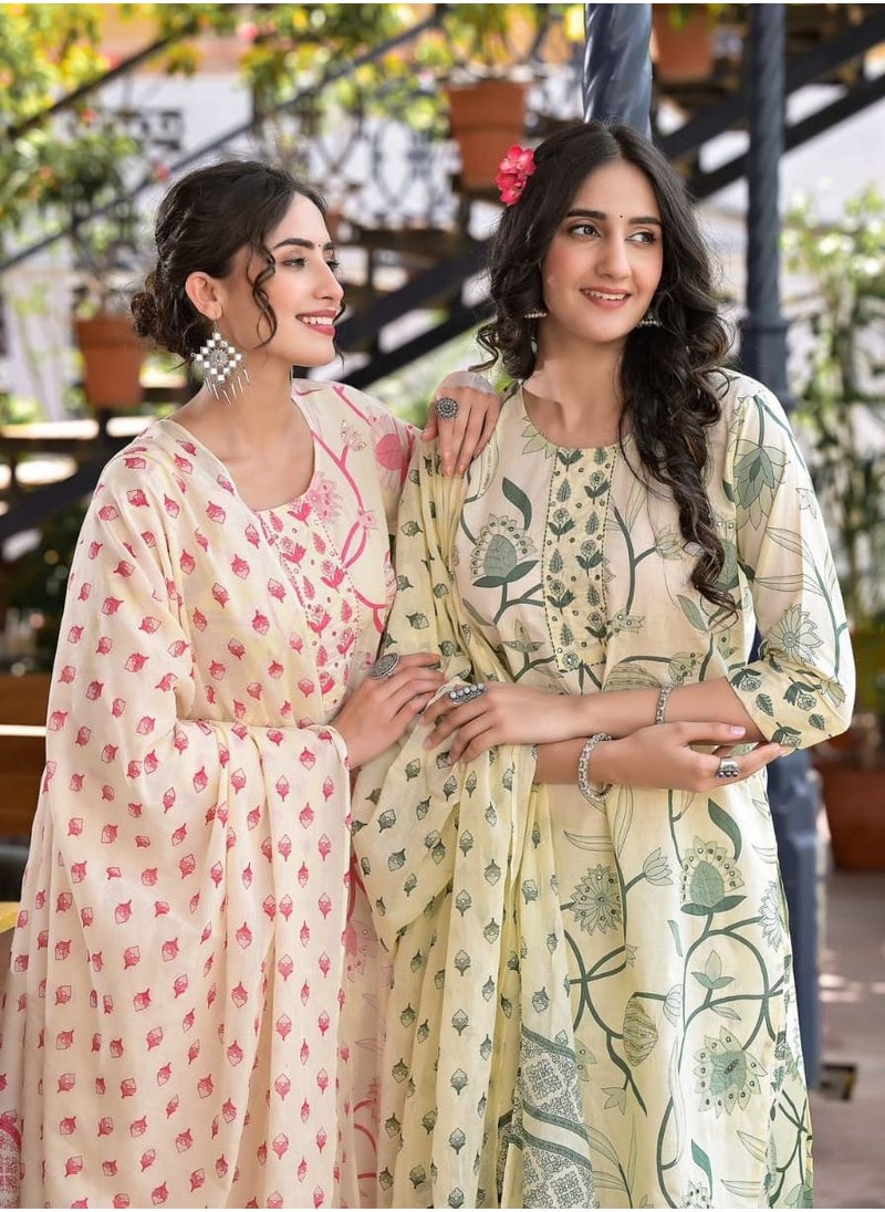 PRIYA’S PANACHE - PRIYA'S PANACHE Floral Print Cotton Straight Kurta with Pant & Dupatta Set - Image 1
