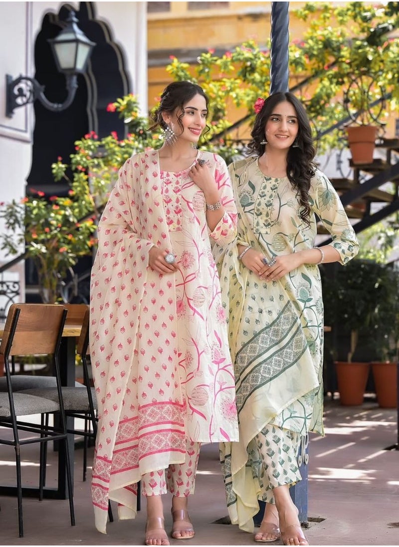 PRIYA’S PANACHE - PRIYA'S PANACHE Floral Print Cotton Straight Kurta with Pant & Dupatta Set - Image 1