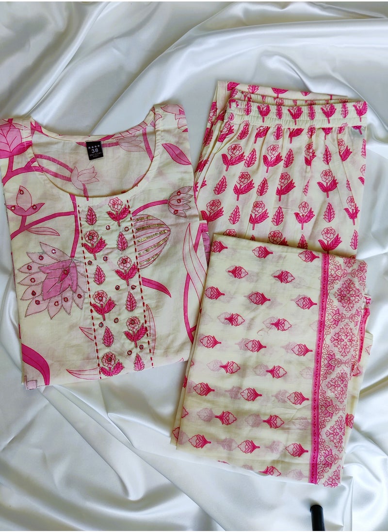 PRIYA’S PANACHE - PRIYA'S PANACHE Floral Print Cotton Straight Kurta with Pant & Dupatta Set - Image 1