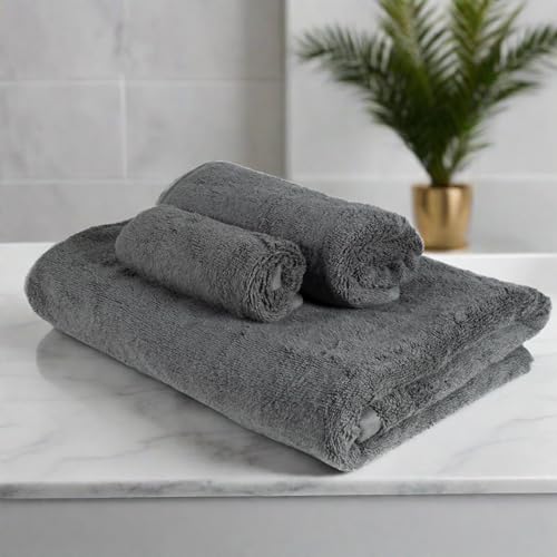 HEELIUM Bamboo Towel Set (1 Bath & 1 Hand & 1 Face Towel Combo) | Towel for Men & Women | Soft, High Absorbency & Antibacterial, 600 GSM, Grey - Image 1